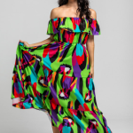 Vestido largo escote volante verde de loros - Al Loro