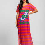 Vestido tul camiseta largo de rayas rosa y naranja con texto Dolce - Dolce Far Niente