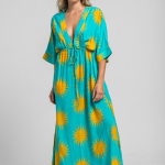 Vestido Largo Corte Imperio Manga Kimono turquesa y soles amarillos - Oh Sole mio